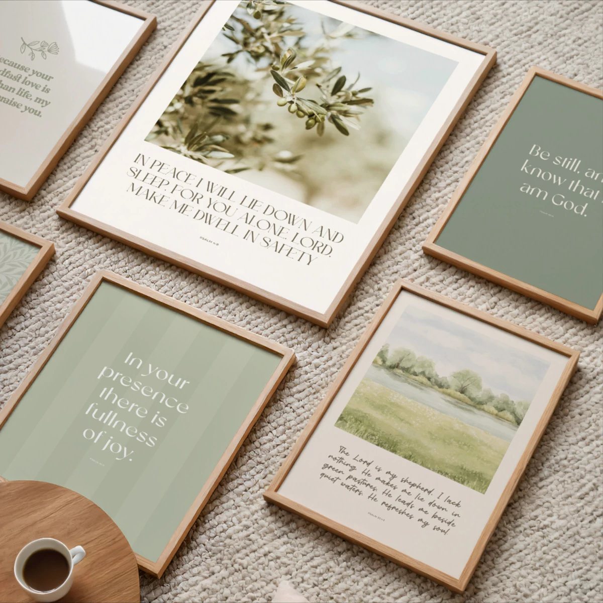 Framed scripture prints in sage green and olive tones